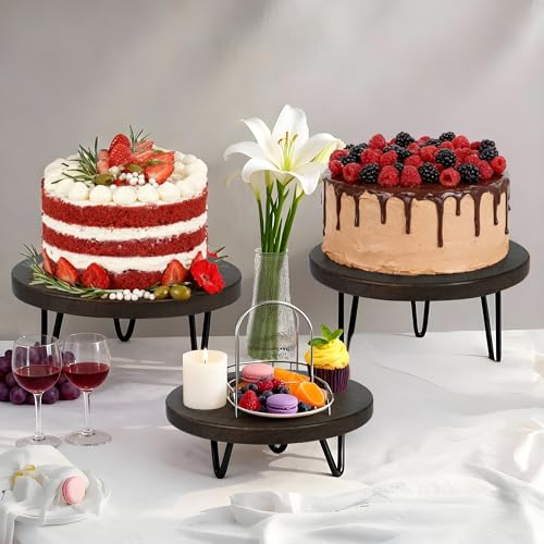 3 Pcs Buffet Risers, Wood Round Food Riser Dessert Table Display Stand Set for Party Wood Cupcake Stands Nesting Table for Home Decor (Walnut) - color: Walnut