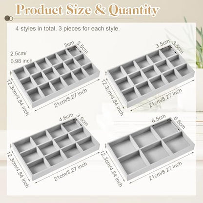 Junkin 12 Pcs Jewelry Tray Velvet Stackable Jewelry Organizer Trays Divided Earring Accessories Storage Containers Box (Rose Red) - color: Gray