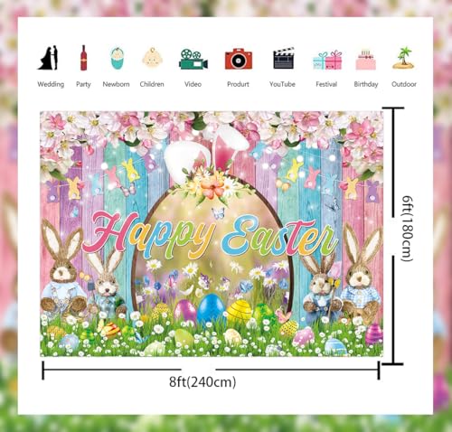 Happy Easter Backdrop Colorful Wood Photography Background Spring Flower Bunny Eggs Backdrop for Easter Themed Party Decoration Banner (94X70 inch (8x6FT)) - size: 94X70 inch (8x6FT)