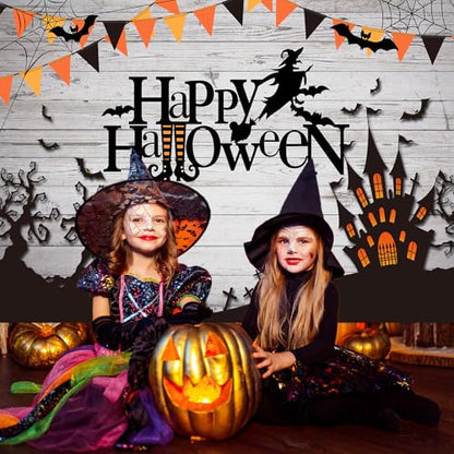 Mocsicka Happy Halloween Backdrop Spider Web Witch and Flying Bats Photography Background Wooden Floor Halloween Party Cake Table Decoration Banner Photo Booth Props (8x6ft) - size: 8x6ft