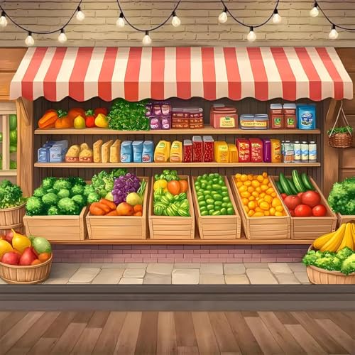 Cartoon Grocery Store Shop Backdrop Vintage Style with Fruit and Vegetables Crates Background for Party Decorations Children Birthday Cake Smashing Portrait Backgrounds (A, 9 * 6feet) - color: A, size: 9*6feet