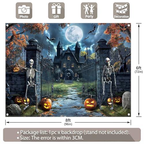 8x6ft Fabric Castle Halloween Backdrop Full Moon Night Scary Skeleton Pumpkin Bat Haunted House Photography Background Spooky Party Decor Photo Props - size: 8'x6'
