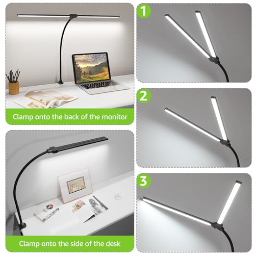 ShineTech LED Desk Lamp for Home Office, 3000K Warm White Double Head Architect Task Lamps with Clamp, Dimmable Adjustable Flexible, Black - color: 3000K- Warm White