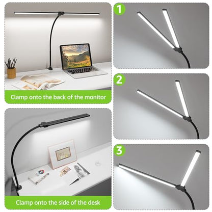 ShineTech LED Desk Lamp for Home Office, 3000K Warm White Double Head Architect Task Lamps with Clamp, Dimmable Adjustable Flexible, Black - color: 3000K- Warm White