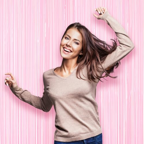 Voircoloria 3 Pack 3.3 x 8.2 ft Pasel Pink Foil Fringe Backdrop Curtains, Tinsel Streamers Birthday Party Decorations, Fringe Backdrop for Graduation, Baby Shower, Gender Reveal, Disco Party - color: 04 Pastel Pink