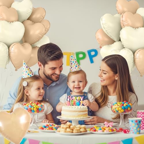 TONIFUL 30Pcs 18 Inch Caramel Cream White Balloons Cream White Heart Shape Foil Mylar Banners Decoration for Birthday Valentine's Day Wedding Bridal Shower Anniversary Engagement Party Supplies - color: Caramel Cream White