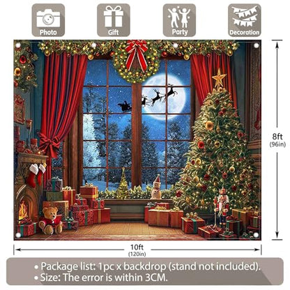 Fabric 10x8ft Christmas Window Photography Backdrop Winter Merry Xmas Tree Background Night Snow Party Decoration Holiday Photo Banner Props - size: 10'x8'
