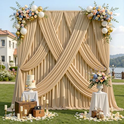 gogoparti 20x12ft Beige Backdrop Curtain for Wedding Parties, 4 Panels (5x12 ft Each) Wrinkle-Free Dackdrop Curtains, Silky Draping Fabric for Birthday Party, Baby Shower, Photo Background - color: Beige, size: 5ft(W)x12ft(H)-4 Panels
