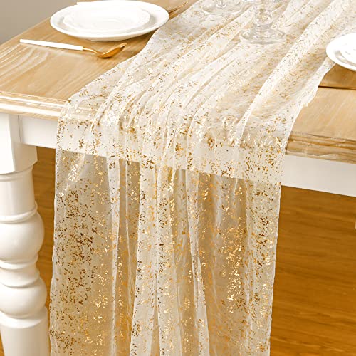 AerWo 10FT Gold Table Runner, Gold Foil Glitter Sheer Sequin Table Runners 120 Inches Long, Wedding Centerpiece Table Decorations for Party Supplies Birthday Bridal Baby Shower Christmas Home Decor - size: 1 Piece, style: Gold