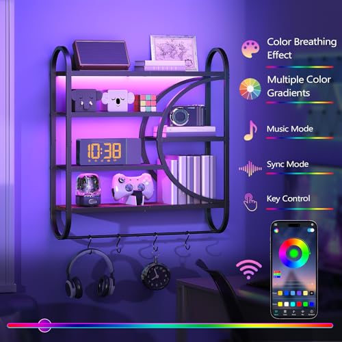 HOOBRO Gaming Floating Shelf with LED Lights, 28.9" LED Wall Mounted Shelf, 5-Tier Display Rack for Wall Storage, Floating Rack with Hanging Rod and 4 S-Hooks, Rustic Brown and Black BF50DBJ01 - color: Rustic Brown + Black