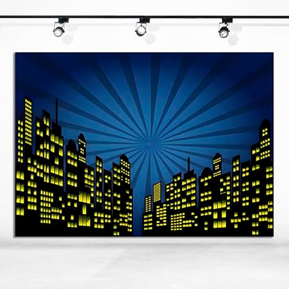 15x10ft Polyester Cartoon Super City Background Skyline Skyscraper Urban Light Photography Backdrop Children Boby Happy Birthday Backdrop Super City Party Photo Studio Props - size: 15x10 FT