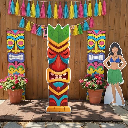 Yalikop 6 Ft Hawaii Tiki Cardboard Cutout Stand Up Photo Prop - Hawaiian Tropical Party Decorations Standee Tiki Totem Foam Board for Garden Yard Sign Decor Summer Luau Photography Background - style: Tiki Style 1