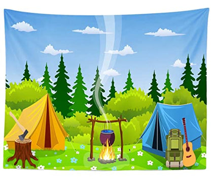 BELECO Camping Backdrop 15x8ft Fabric Cartoon Forest Scene Campfire Party Camping Tent Little Lumberjack Birthday Backdrop Jungle Safari Baby Shower Kids Boy Outdoor Adventure Portrait Photo Props - size: 15x8FT