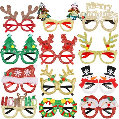 Christmas Glasses for Holiday Party 12Pcs: Fun Decorative Festive Eyeglasses Frames for DIY Photo Booth, Christmas Stocking Stuffers Party Favors for Adults Women Men