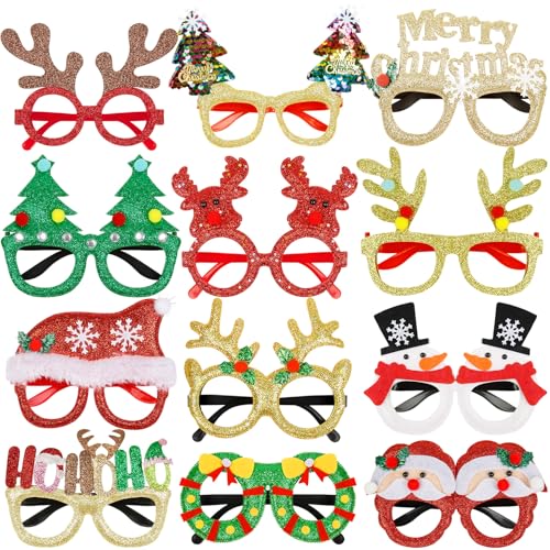 Christmas Glasses for Holiday Party 12Pcs: Fun Decorative Festive Eyeglasses Frames for DIY Photo Booth, Christmas Stocking Stuffers Party Favors for Adults Women Men
