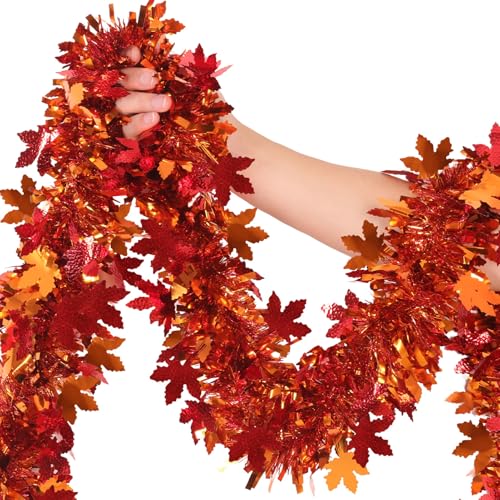 Fall Maple Leaves Garland Decorations,50Ft Glitter Tinsel Leaf Thanksgiving Decor for Tree Autumn Mantle Bedroom Office Classroom Party Indoor Outdoor Holiday Home Orange - color: Orange