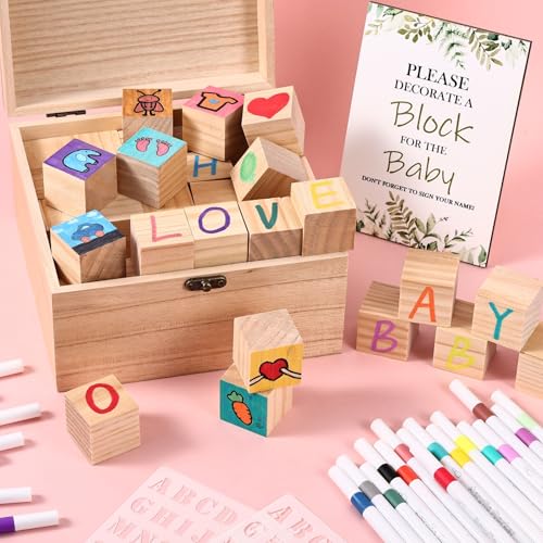 78 Pcs Baby Shower Blocks Game Kit with 50 Blank Wooden Blocks for Guests to Decorate, 24 Acrylic Markers & Guide Sign and Wooden Box for Baby Shower Activities Gender Reveal Party Decorations - color: Wood-A