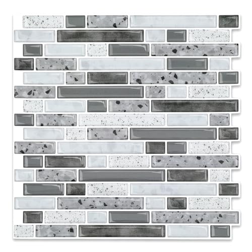 Yipscazo 10 Sheets Peel and Stick Backsplash for Kitchen Wall, 12''x12'' Waterproof Stick on Backsplash Smart Tiles for Bathroom,Removable Backsplash Wall Tiles in Gray White - color: Gray White