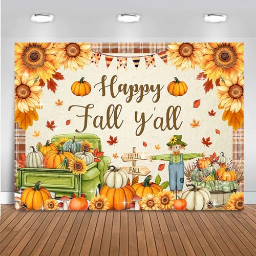 Mocsicka Happy Fall Y'all Backdrop Fall Party Background Banner Pumpkin Patch Maple Leaves Autumn Harvest Thanksgiving Decorations Banner Photo Booth (5x3ft) - size: 5x3ft