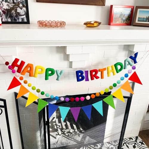 3 Pcs Pre-Strung Happy Birthday Banner, Felt Ball Garland, Pennant Triangle Flags, Rainbow Party Decorations, HAPPY BIRTHDAY Garland, Personalized Holiday Sign for Birthday Decor, Party Supplies, Photo Prop ( Felt Banner + Pennant Flags + Rainbow Balls) -