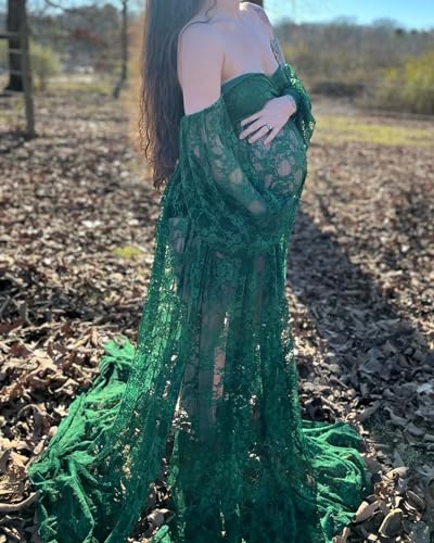 Saslax Soft Stretchy Lace Off Shoulder Doubly Split A-line Skirt Maternity Dress Pregnancy Maxi Gown for Photoshoot - color: Green, size: X-Large