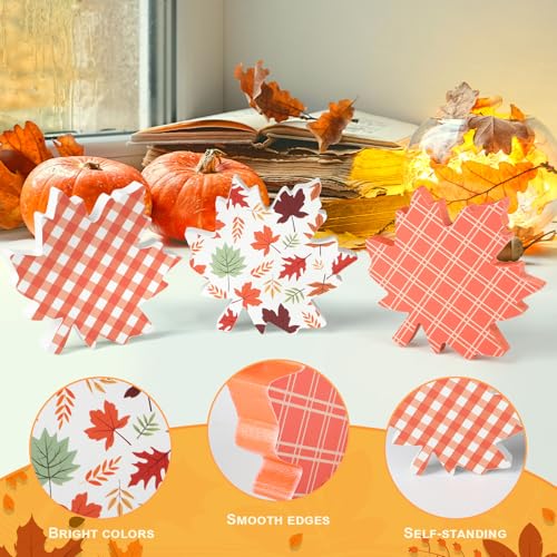 COCHIE Fall Leaves Decorations for Home Indoor, Thanksgiving Table Decor, Harvest Tabletop Decoration, Wooden Maple Leaf Signs Block for Tiered Tray Party Shelf Display Set of 3 - style: Fall Leaves 3