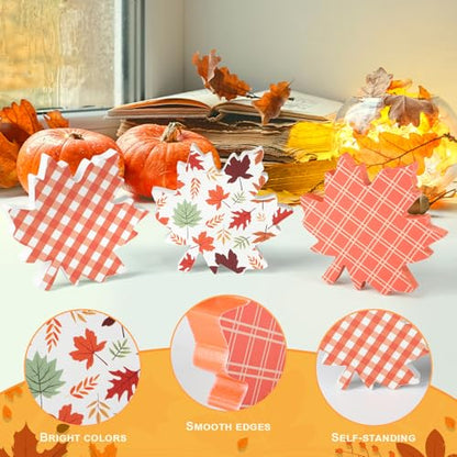 COCHIE Fall Leaves Decorations for Home Indoor, Thanksgiving Table Decor, Harvest Tabletop Decoration, Wooden Maple Leaf Signs Block for Tiered Tray Party Shelf Display Set of 3 - style: Fall Leaves 3