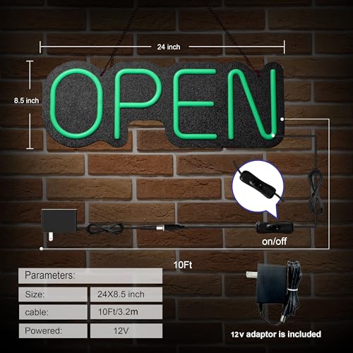 24 inch Neon Open Signs for Business, Open Sign With Textured Backboard LED Anti-Scratch Easy Dedust Neon Light for Business(Green) - color: Green