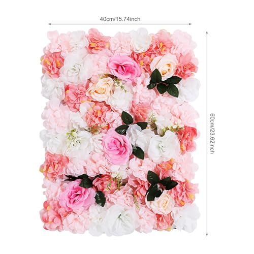 LOYALHEARTDY 12 Pack Artificial Flower Wall Panels 24" x 16" White & Pink Faux Roses Artificial Flower Backdrop Panels for Wedding Party Event Flower Wall Decor - color: 12 Pcs, Pink+white+leaf