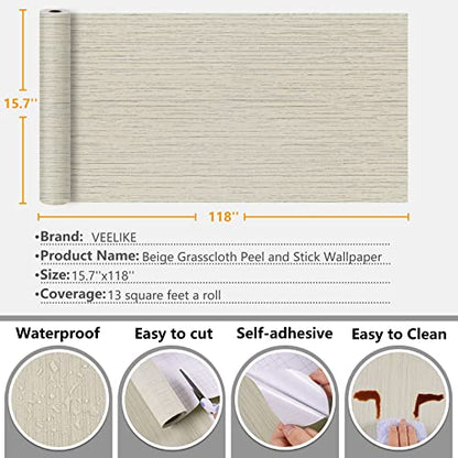 VEELIKE Ecru White Grasscloth Peel and Stick Wallpaper Textured Grasscloth Wallpaper 15.7''x118'' Removable Linen Fabric Vinyl Wall Paper Self Adhesive Grass Cloth Contact Paper for Bedroom Walls - color: Ecru White, size: 15.7" x 118"