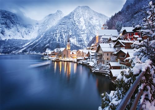10x6.5ft Fabric Winter Mountain Village Backdrop Photography Austria Hallstatt Alps Mountain Background Austrian Winter Scenery Decoration Xmas Party Supplies Photoshoot Studio Props - size: 10x6.5FT
