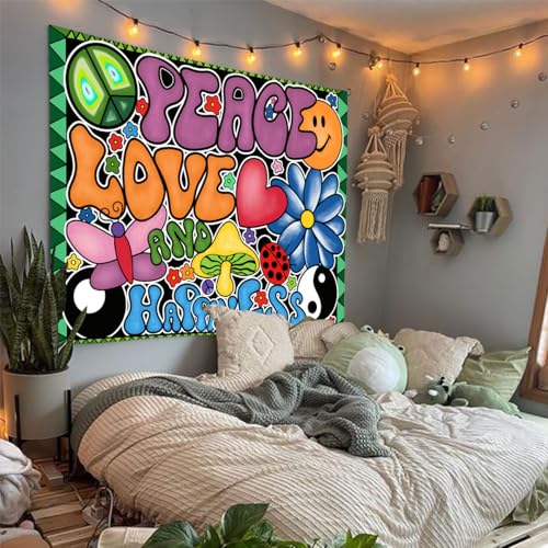 F-FUN SOUL Peace Love and Happiness Tapestry Groovy Tapestries, 40x30inches, 70s Theme Tapestries Hippie Aesthetic Tapestry Wall Hanging for Bedroom Living Room Decor - size: 40"L x 30"W