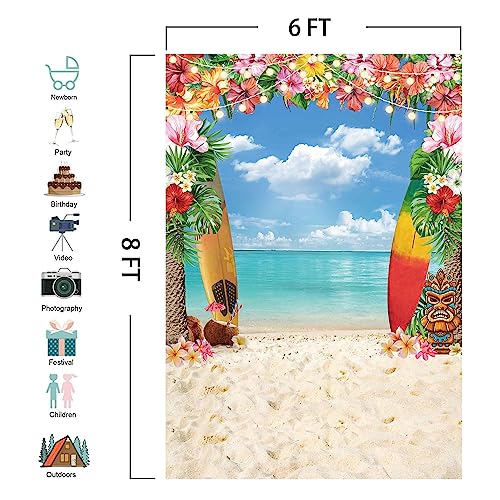 6x8ft Fabric Summer Hawaiian Beach Backdrop for Photography Tropical Flower Luau Party Decorations Aloha Blue Sky Ocean Palm Leaves Background Supplies Photoshoot, 6'x8' (LI-1549-2-JF) - size: 6'x8'