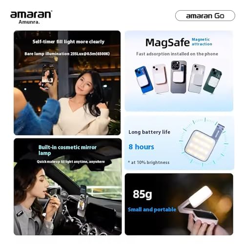Magnetic Selfie Phone Light,Amaran Go Dual LED Light Source with Adjustable Mirror Light CCT 2700K-6500K,Rechargeable for Selfie,Makeup,Video Conference,TikTok,for iPhone & Android (White) - color: White