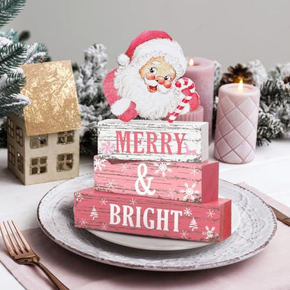 Geelin 4 Pcs Christmas Wooden Tabletop Decor Pink Winter Santa Tiered Tray Decor Christmas Centerpiece Rustic Decorative Block Signs Gift Farmhouse Table Decoration for Home Kitchen - style: Santa