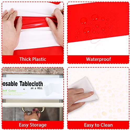 Red and White Striped Tablecloth Roll 52 in x 100 Ft with Slide Cutter Circus Carnival Party Supplies Halloween Christmas Plastic Picnic Table Cover for Indoor Outdoor Events Family Banquet Party - color: Red and White Striped