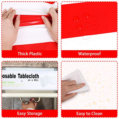 Red and White Striped Tablecloth Roll 52 in x 100 Ft with Slide Cutter Circus Carnival Party Supplies Halloween Christmas Plastic Picnic Table Cover for Indoor Outdoor Events Family Banquet Party - color: Red and White Striped