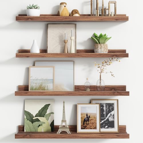 FLYJOE Floating Picture Ledge Shelves for Wall Set of 4, 24 Inch Wall Shelves with Lip Long Large Nursery Book Shelf for Toys Storage Kids Bookshelf Wall Mounted Living Room Bedroom Decor Frames - color: Walnut, size: 24'', Set of 4