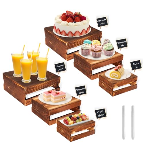6 Pcs Buffet Risers with Mini Signs, Rustic Wood Cake Stands, Food Risers for Buffet Table, Dessert Display Stand, Wood Crates, Rustic Cake Stand for Party, Wedding, Birthday, Baby Shower, 3 Sizes - color: Rustic Wood, size: 6 Pcs (8.0", 7.0" ,6.5")
