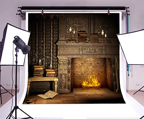 Laeacco Fantasy Room Interior Backdrop 8x8ft Vinyl Photography Background Flame and Fireplace Magical Books Candle Retro House Background - size: 8x8ft