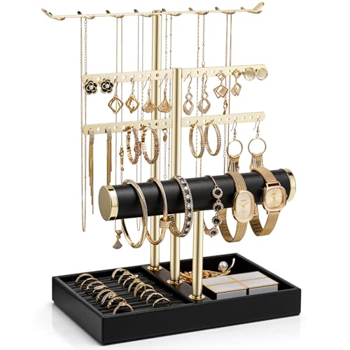 VLANDO 3 Tier Jewelry Stand Organizer with Tary, Leather Jewelry Holder Display for Women, Gold Jewlery Holder Display for Necklace, Earring, Bracelet, Rings - Black - color: C.Black, size: 3-Layer