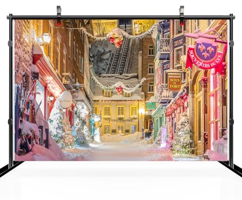 20x10ft Christmas Street Backdrop Europe Snowy Street Shop Christmas Trees Balls Background New Year Xmas Eve European Travel Birthday Party Decoration Portrait Photo Studio Booth Props - size: 20x10FT