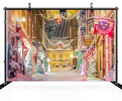 5x5ft Christmas Street Backdrop Europe Snowy Street Shop Christmas Trees Balls Background New Year Xmas Eve European Travel Birthday Party Decoration Portrait Photo Studio Booth Props - size: 5x5FT