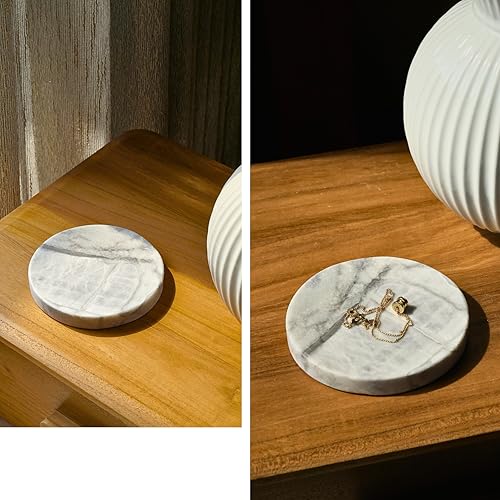 Natural Round Marble Dish Tray— Luxurious Grey Marble, Hand-Honed Matte, Resin-Free Multi-use for Home Decor, Jewelry, Trinket Tray, Soap Dish, Dispenser Base, Key Holder (4.7'', Grey)
