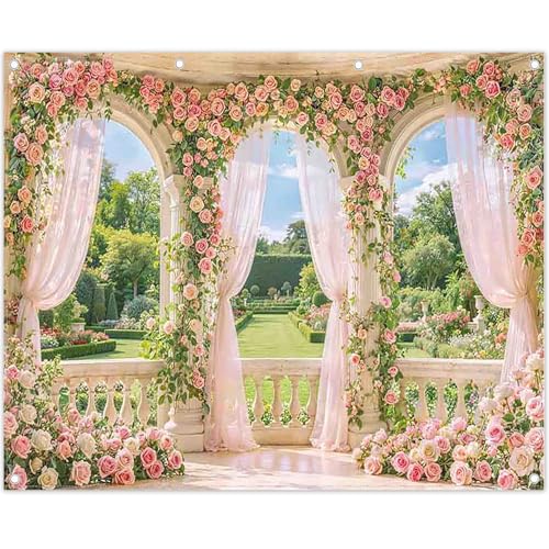 Fabric 10x8ft Spring Window Scenery Photography Backdrop Pink Flowers Rose Graden Background Girl Princess Wedding Bridal Shower Birthday Party Decorations Photo Props - size: 10'x8'