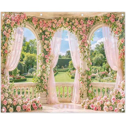 Fabric 10x8ft Spring Window Scenery Photography Backdrop Pink Flowers Rose Graden Background Girl Princess Wedding Bridal Shower Birthday Party Decorations Photo Props - size: 10'x8'