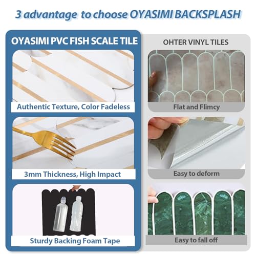10-Sheet Fish Scale Peel and Stick Backsplash for Kitchen Wall Tiles,12 inches Marble Mixed Metal Gold 3D PVC Wall Tile Stick on Backsplash for Kitchen and Bathroom - color: Marble Mixed Metal Gold