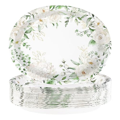 50PCS White Floral Oval Paper Plates 10"X12" Eucalyptus Flower Plates Disposable Heavy Duty Green Leaves White Flowers Tablewre Spring Blossom Flowers Dinnerware for Wedding Birthday Bridal Shower - style: 50PCS White Floral Oval Plates