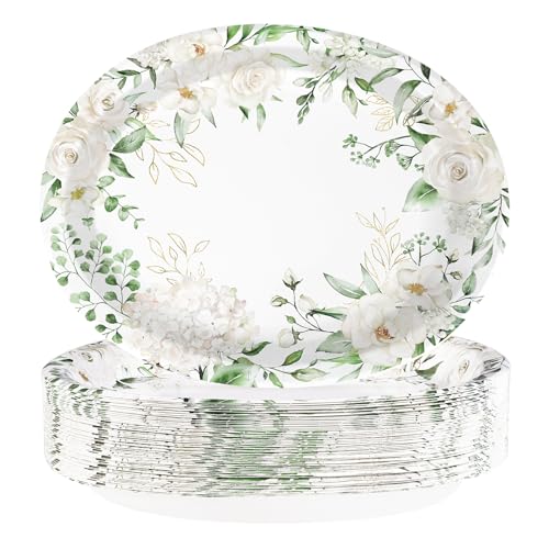 50PCS White Floral Oval Paper Plates 10"X12" Eucalyptus Flower Plates Disposable Heavy Duty Green Leaves White Flowers Tablewre Spring Blossom Flowers Dinnerware for Wedding Birthday Bridal Shower - style: 50PCS White Floral Oval Plates