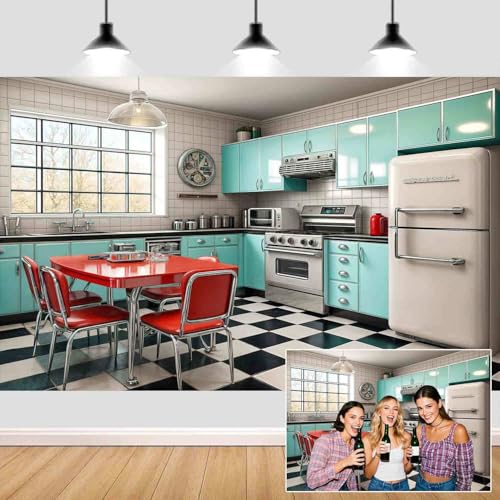 7X5ft Vintage Kitchen Photography Backdrop 1950s Interior Cooking Dining Background 50s Dinner Birthday Party Banner Decorations Adult Portrait Video Photo Shoot Props - color: Multi3, size: 7x5ft